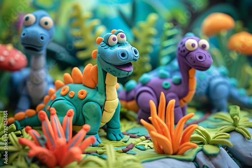 Artistic clay dinosaurs in a colorful jurassic park. Creative handcrafted dinosaur models in a lively prehistoric setting. Dinosaurs in nature concept. Design for animation, education