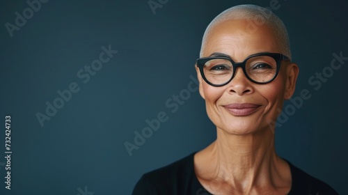 A person with a shaved head wearing glasses smiling against a blue background.