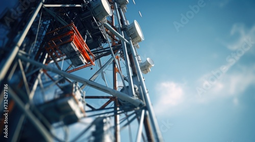 A picture of a cell phone tower against a backdrop of a clear blue sky. Suitable for telecommunications and technology-related projects