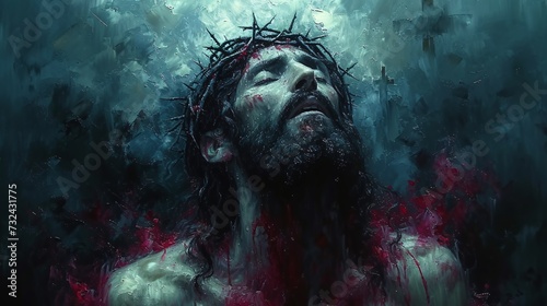 Jesus's Bloodied Face: A Painting of the Crucifixion Generative AI