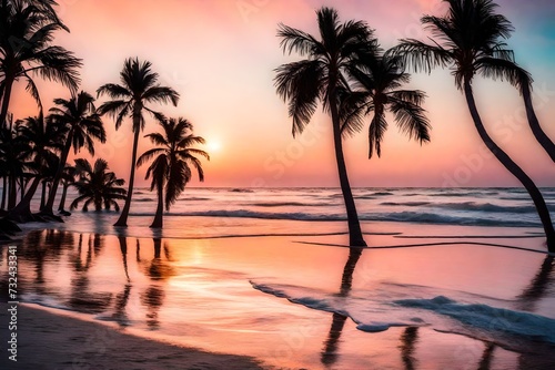  A serene beach at sunset, with pastel-colored skies reflecting off the calm waters and silhouettes of palm trees swaying gently in the breeze. 