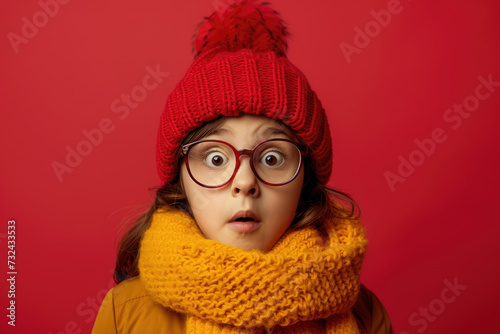 Terrified little girl in glasses, red winter hat and yellow scarf looking surprised at camera isolated on red background