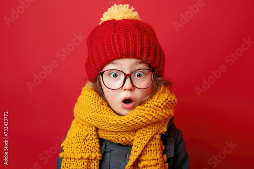 Terrified little girl in glasses, red winter hat and yellow scarf looking surprised at camera isolated on red background