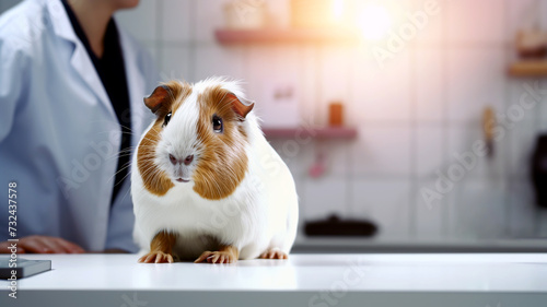 Cute guinea pig in a veterinary clinic sitting on a table and looking at the camera. Scientific laboratory interior. Testing on animals concept 
