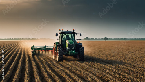 tractor in a field with a plow in the foreground