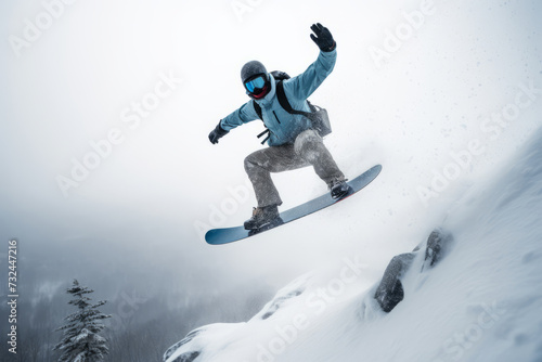 An awe-inspiring view of a snowboarder executing a perfect jump in a snow-covered terrain