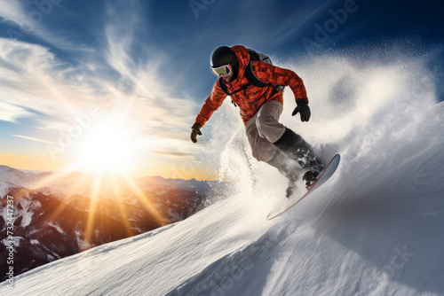 Dynamic view of a snowboarder coming down the snow-covered mountain, against a sunset