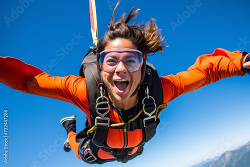 A breathtaking view of a fearless woman skydiver in free fall, arms spread wide against the backdrop of a clear blue sky