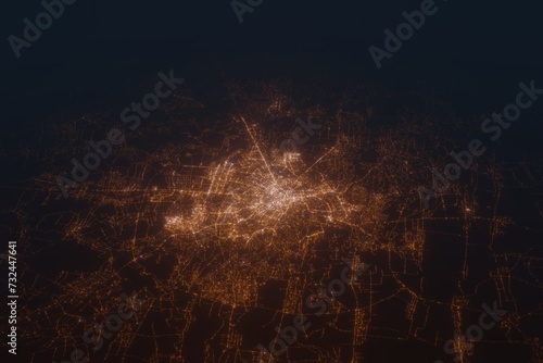 Aerial shot on Lviv (Ukraine) at night, view from east. Imitation of satellite view on modern city with street lights and glow effect. 3d render