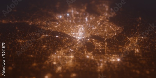 Street lights map of St Louis (Missouri, USA) with tilt-shift effect, view from east. Imitation of macro shot with blurred background. 3d render, selective focus