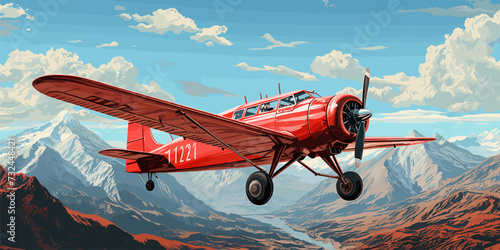 red vintage plane flying in the blue sky, digital art style