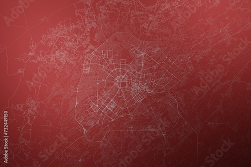 Map of the streets of Tashkent (Uzbekistan) made with white lines on abstract red background lit by two lights. Top view. 3d render, illustration
