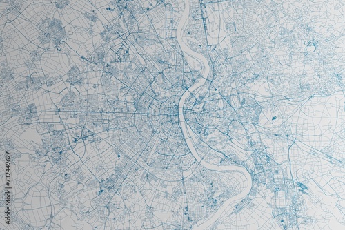 Map of the streets of Cologne (Germany) made with blue lines on white paper. 3d render, illustration