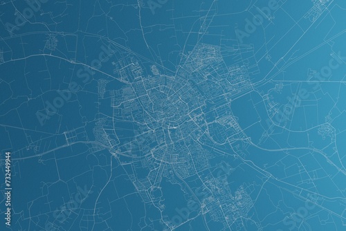 Map of the streets of Groningen (Netherlands) made with white lines on blue paper. Rough background. 3d render, illustration
