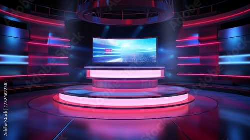 Dynamic news studio set with anchorman table, digital screens, and neon illumination - vector illustration