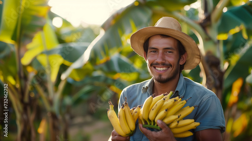 Harvesting: A farmer picking bananas by hand