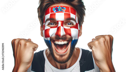 man soccer fun portrait with painted face of croatian national flag isolated on transparent background