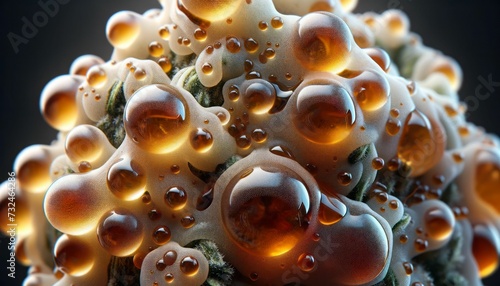 An AI illustration of orange liquid bubbles suspended on a green stem, dark background