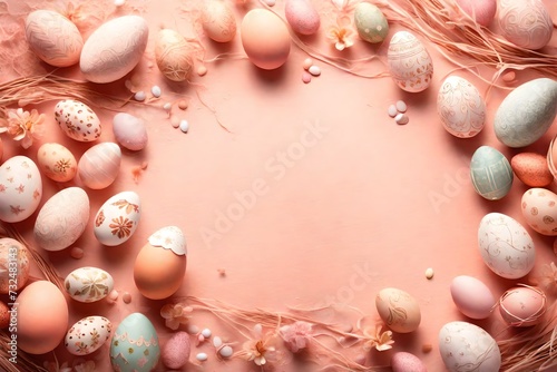 Soft peachy-pink background featuring intricate Easter embellishments and an assortment of eggs, creating a dreamy canvas for your celebratory message