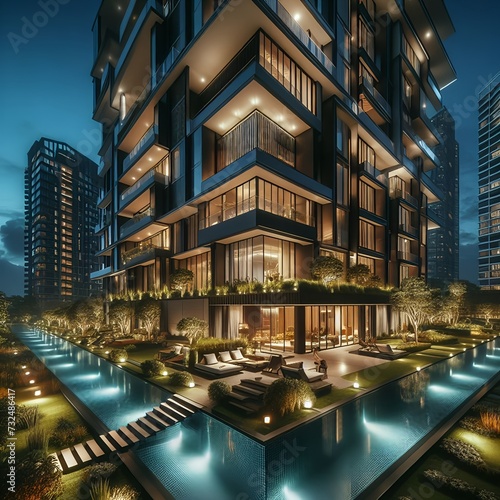 A swanky, modern apartment building, late night, wide angle lens, HDR, 8k, cinematic, contrasting colors, rule of 3rds, award winning photo, architectural digest 