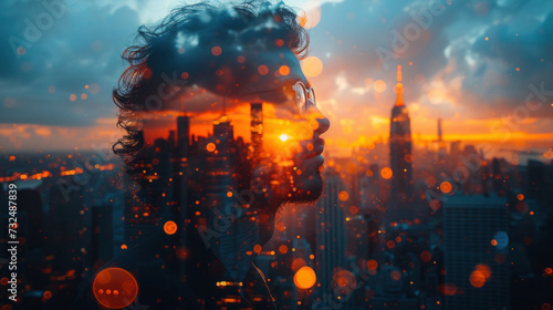 Double exposure man Side Profile and NY skyscrapers glowing with day lights creating a halo effect around