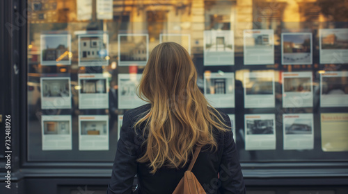 Une femme regardant des annonces immobilières dans la vitrine d'une agence.