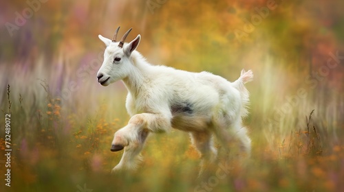 AI generated illustration of a cute white goat running around on a field