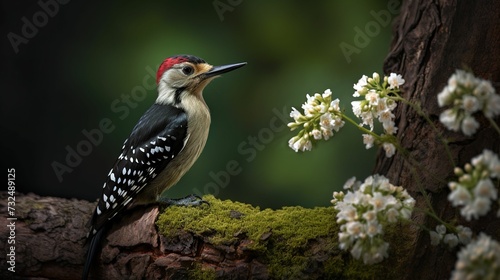 AI-generated illustration of a woodpecker perched on a tree branch.