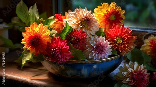 AI generated illustration of A bowl of colorful flowers on a windowsill