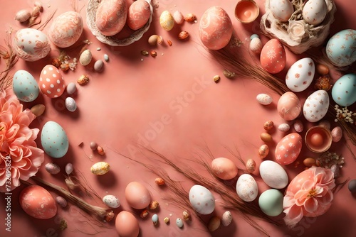 Overhead shot of a muted coral-colored atmosphere highlighted by intricate Easter embellishments and a variety of eggs, creating a mesmerizing eagle-eye backdrop for your celebratory text