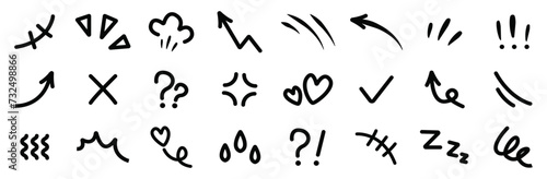 Line movement effect element icon set. Hand drawn cute doodle, cartoon emotion effect decoration symbol, line element. Vector illustration
