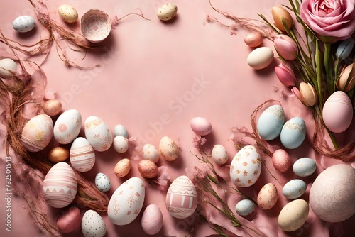 Subdued rose-colored environment adorned with whimsical Easter decorations and a variety of eggs, providing a magical canvas for your celebratory text