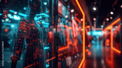 A neon digital mannequin stands out in a futuristic clothing store with interactive displays and ambient lighting.