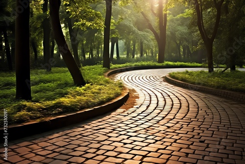 Scenic stone path among tall trees in the park, serene and inviting for a peaceful stroll