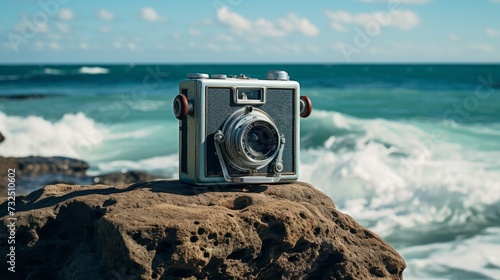 Vintage analog camera resting gracefully against serene oceanic backdrop