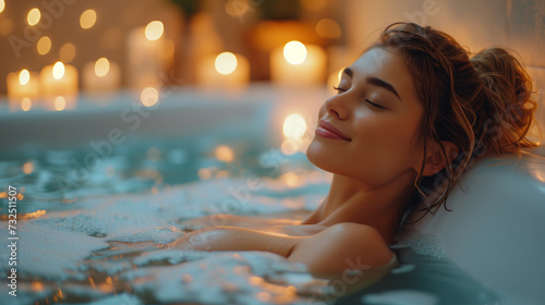Beautiful young woman relaxing in a bath surrounded by candles