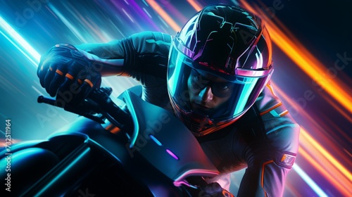 An intense moment capturing the speed and agility of a futuristic bicycle racer on a neon-lit racing track.