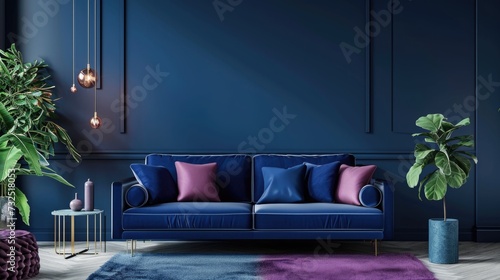Elegant navy blue living room with velvet couch and modern decor.