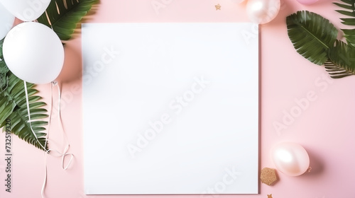 Creative flat lay top view mockup of white blank paper sheet with palm leaves on pastel pink background with copy space in minimal style, template for feminine blog or social media