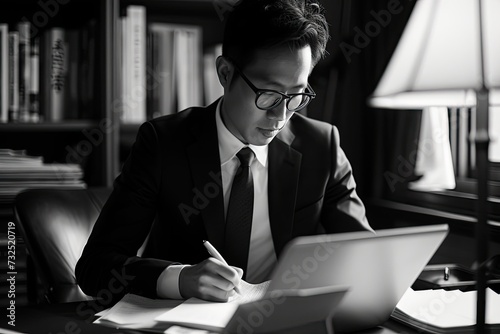 Diligent Review: A young Asian professional carefully examines paperwork, possibly bills or legal contracts, in his office, displaying a meticulous approach to his work.