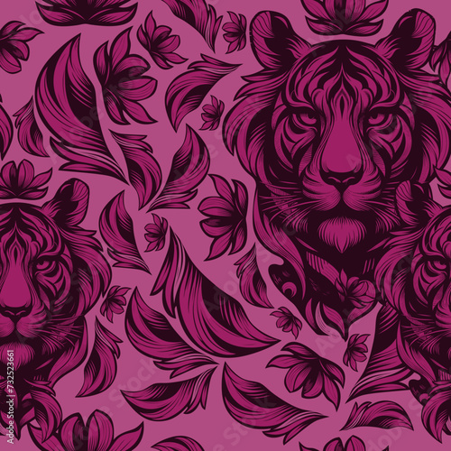 Seamless pattern - Motif raccordable- Tilable - Motif tigre et feuillage - 3 couleurs