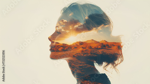 Double exposure of a woman's head with desert landscape in the background
