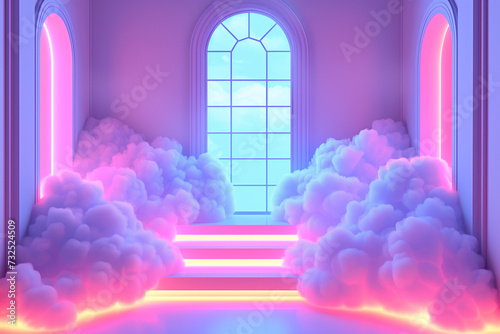 Pink neon atmospere room with a window steps and clouds, modern concep of stariway to heaven, blissfull enviroment and trending rooms.