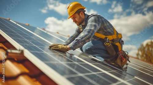 construction worker working on roof with solar panels, sunlights