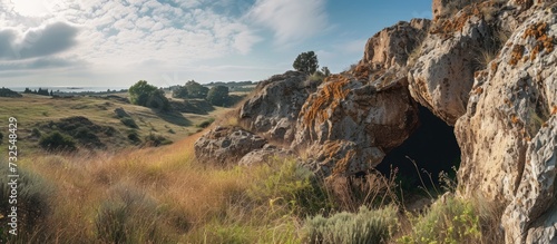 A cave resides in a natural landscape: a rocky hillside surrounded by clouds, mountains, grassland, and outcrops.