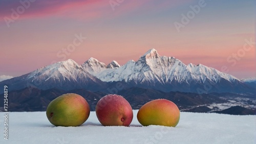 mangoes on a snow landscape with mountains and beautiful background sky view.