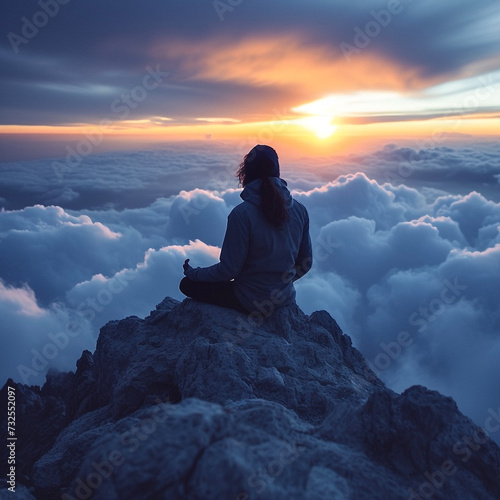 山の頂上で瞑想する男性