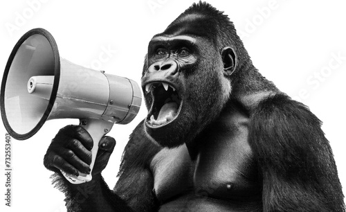 Large halftone illustration of a gorilla shouting into a megaphone