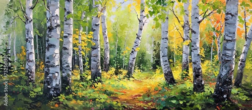 A natural landscape painting featuring a forest with birch trees, a path, and lush grass. The artwork captures the beauty of nature's terrestrial plants and the tranquility of a woodsy biome.