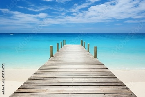 Wooden pier on tropical beach with turquoise sea and blue sky